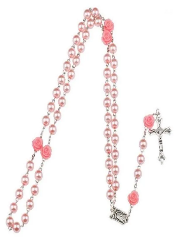 Pendanthalsband 2st trendiga 8mm glasimitation Pearl Bead Holy Rosaries Halsband med Rose Flower Silver Lourdes Center Rosary Jewe7805382