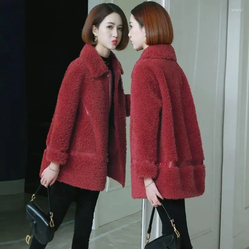 Women's Fur Red 2023 Autumn And Winter Sheep Shearing Coat Mid-length Large Size One Lamb Wool Women Fashion