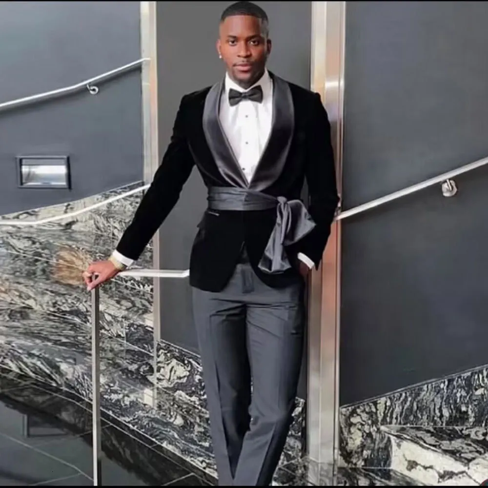 Men s Slim Fit Black Velvet Blazer with Shawl Lapel Belt Formal Wedding Tuxedo Suit for Men 100 Cotton