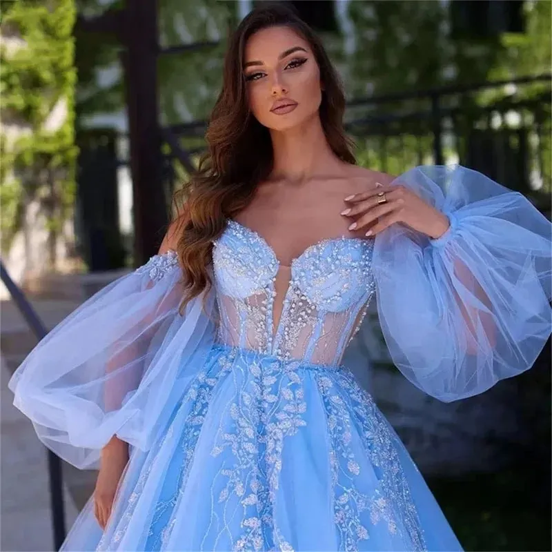 2025 Sky Blue Princess Evening Dress Detachable Puff Sleeves Beaded Tulle  Backless Prom Gown from Dhgate Evening Dresses - price 134.68