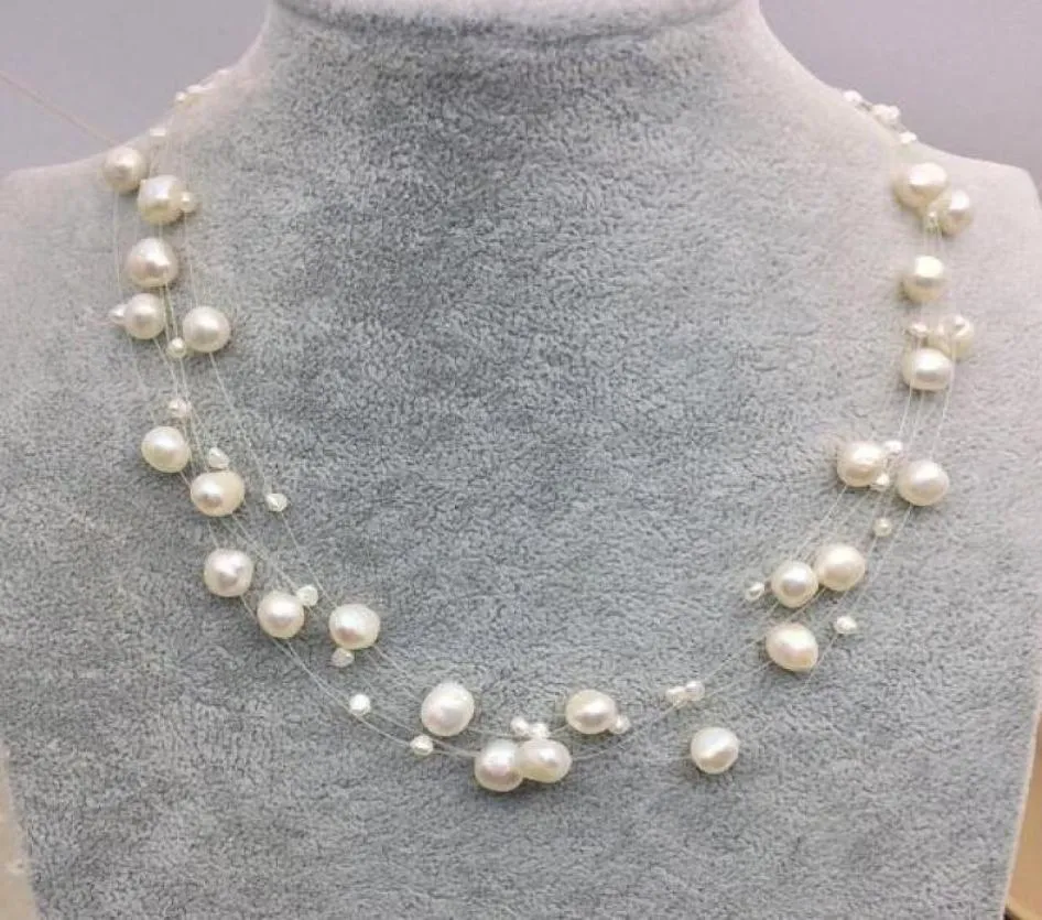 NIEUWE ARIVER ILLUSIE PELE PELE NAALLACEMULTIPLE STRAND BRIDESMID VROUWEN JEWELLERYWHITE Kleur Freshwater Pearl Choker ketting1853876