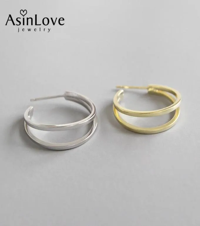 Asinlove 100 925 Sterling Silver Double Layers Line Circle örhängen för kvinnor Big Loop Hoop Earring Ladies Trendy Fine Jewelry 5285469