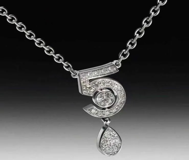 Brand Pure 925 Sterling Silver Jewelry For Women Letter 5 Diamond Water Drop Pendant Cute Flower Party Luxury Brand Necklace9088556