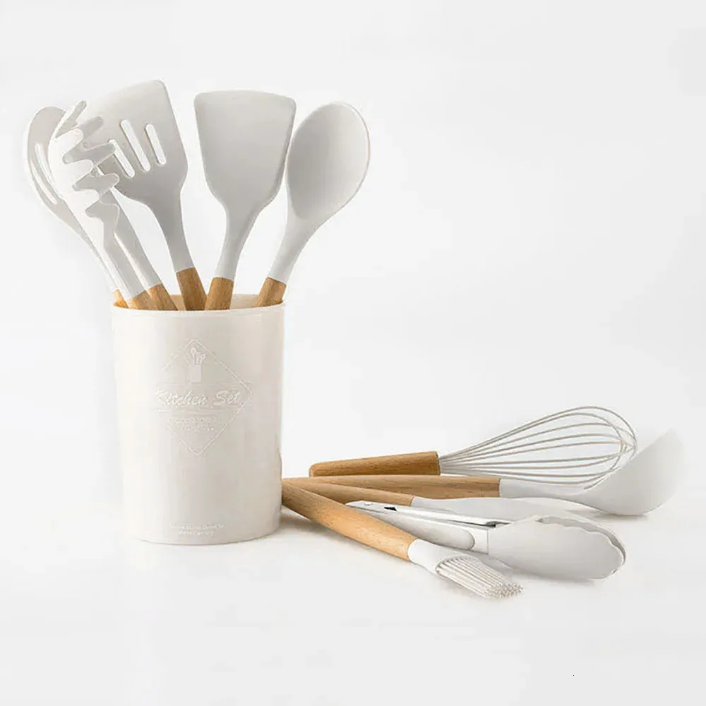 Tencere seti silikon mutfak eşyaları pişirme aletleri set yapışmaz spatula kürek yumurta çırpıcıları ahşap sap mutfak aleti 231213