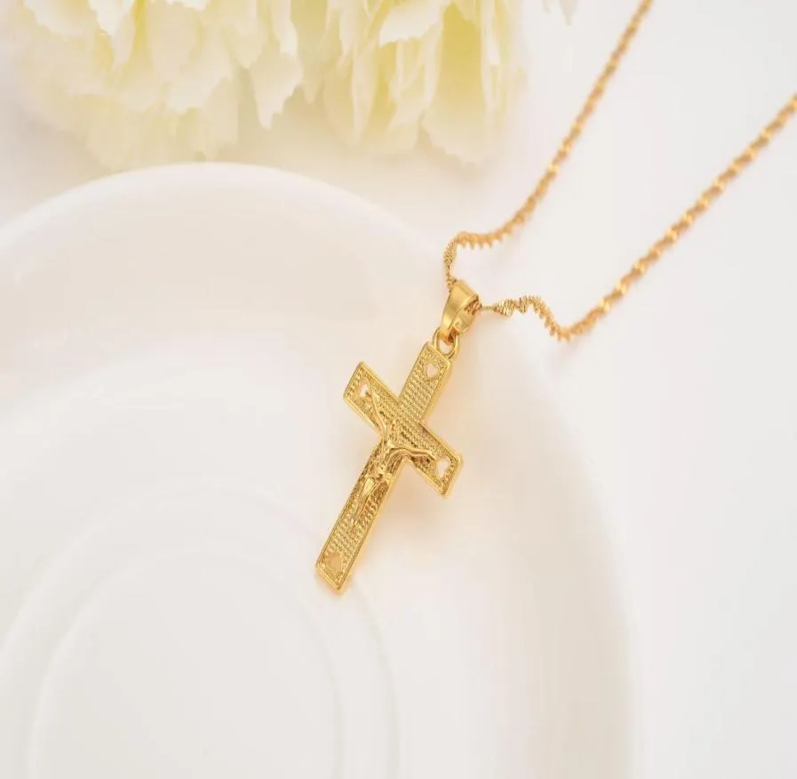 Män 24 K Solid Gold GF Halsband Hela Crucifix Pendant Women Jewelry Fashion Jesus Decoration Dress5039671