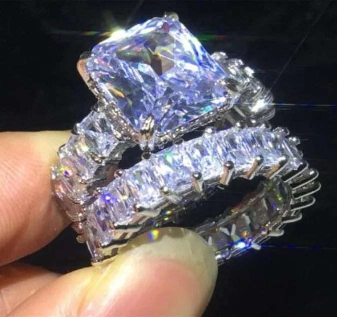 Vecalon Lovers Set di anelli in argento sterling 925 con taglio principessa con diamanti Anelli di fidanzamento con fedi nuziali per donne Gioielli con dita6996301