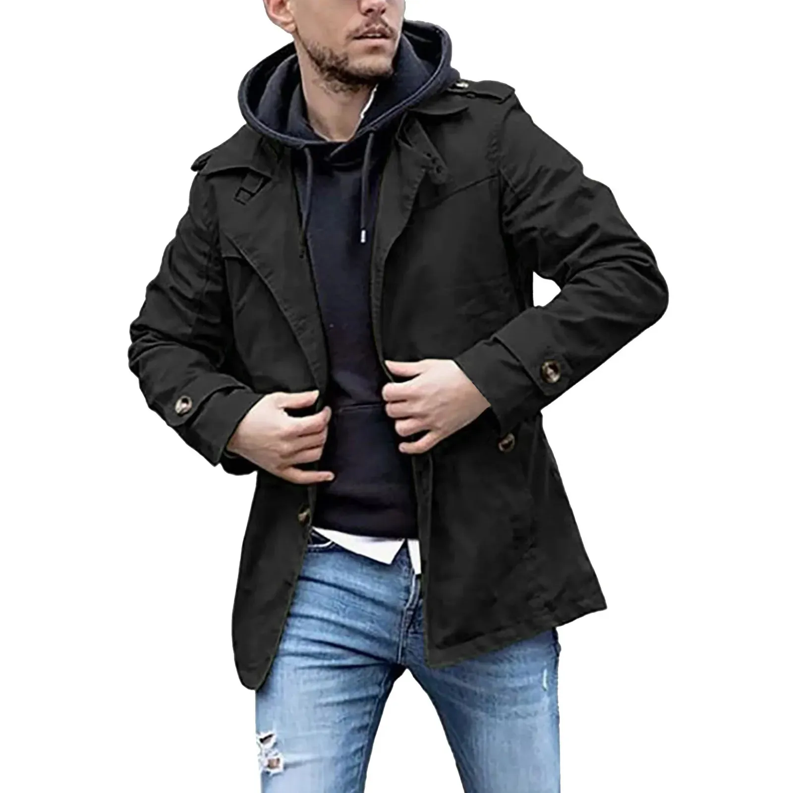 Vestes pour hommes Trench-Coat Long revers couleur unie boutonnage pardessus décontracté mode chaud hommes vêtements d'extérieur 231212