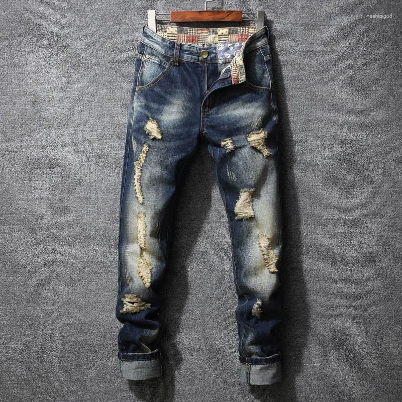 Men's Jeans Men Stacked Ripped Streetwear Straight Leg Vintage Distressed Denim Pants Boyfriend Plus Size 28-40 Punk Trousers