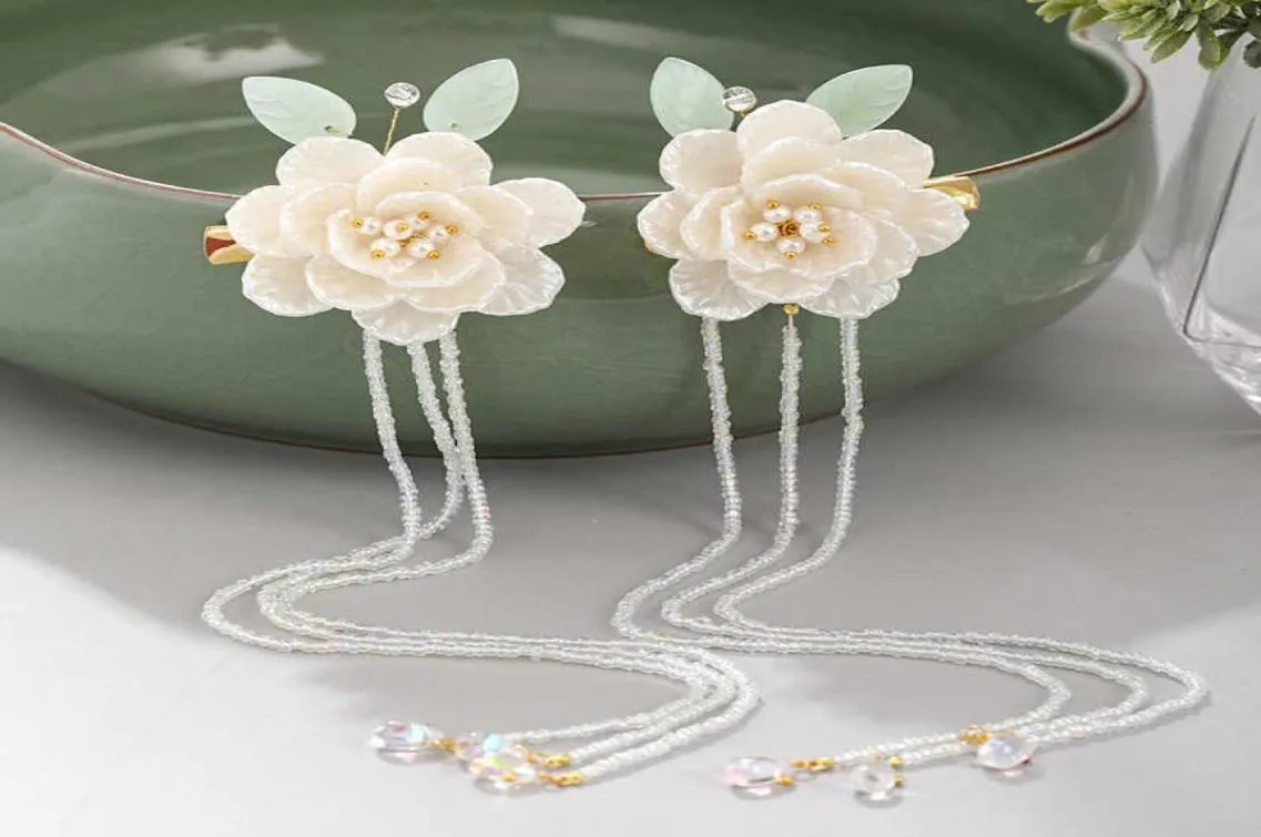 Forseven Chinese Style White Flower Leaf Pearls Long Tassel Hairpin Clips Headpieces Hanfu Dress Hair Dekorativa smycken H09167385823460
