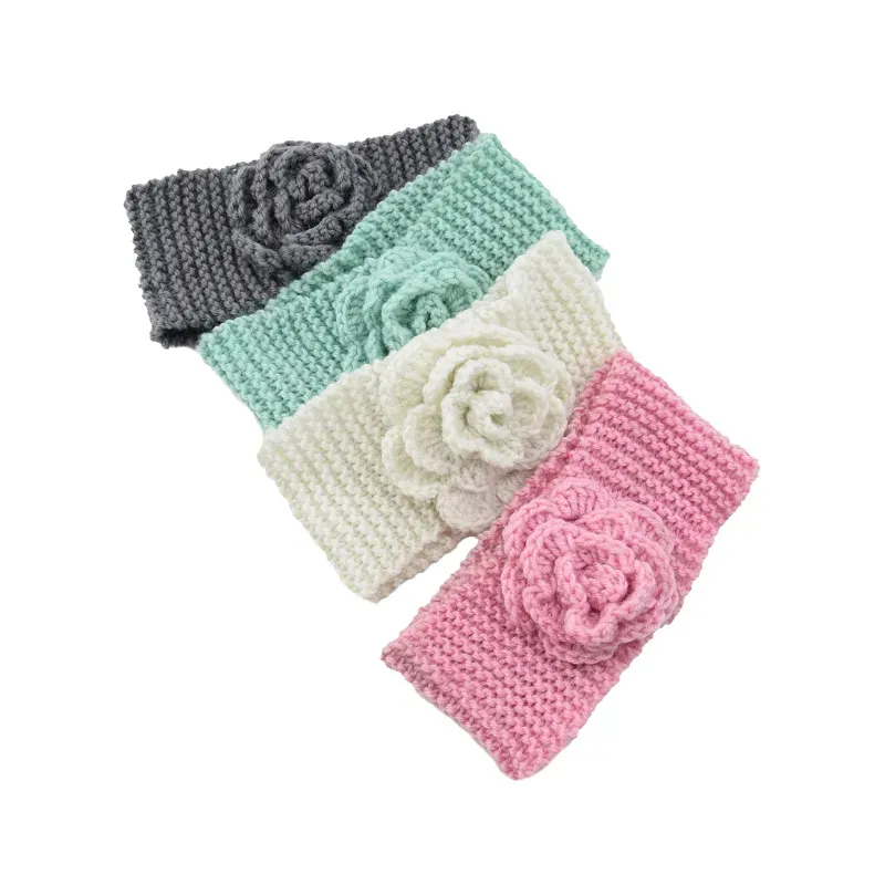 Winter Warm Baby Turban Knitted Wool Headbands Fashion Crochet Flower Headwear Girls Hair Accessories Newborn infant floral Headwrap M3054