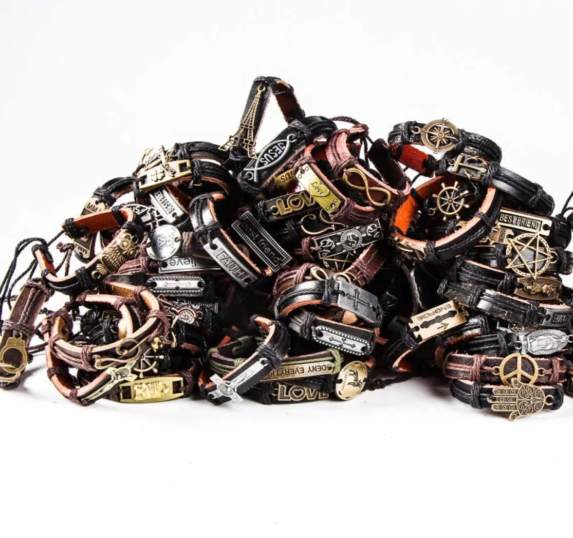 Bracelets manchettes en métal et cuir, 30 pièces, mélange de Styles, bijoux pour hommes et femmes, cadeaux de fête, 2161872