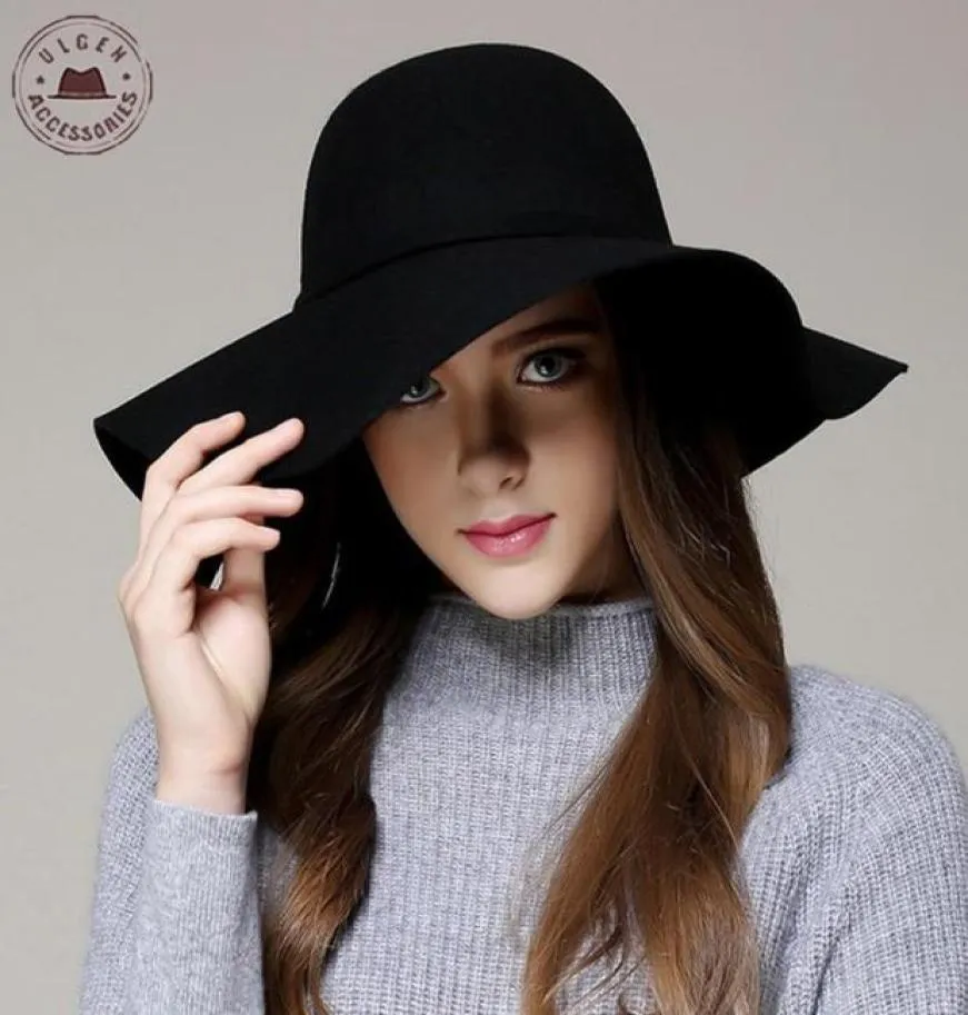 Fashion Winter Fedora Hats For Women Hat Vintage Bowler Jazz Top Cap Felt Wide Brim Floppy Sun Beach Cashmere Caps5326924