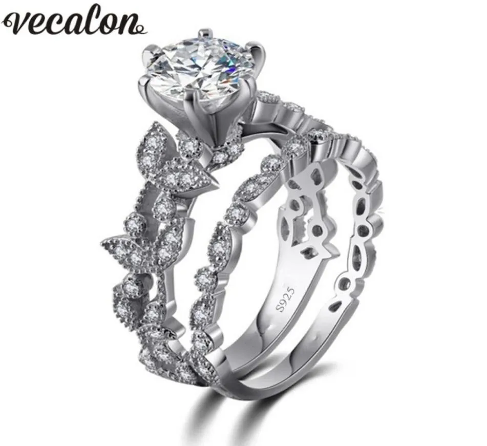 Vecalon Flower Jewelry 925 Sterling Silver ring 5A Zircon Cz Stone Engagement wedding Band rings set for women Festival Gift1090259