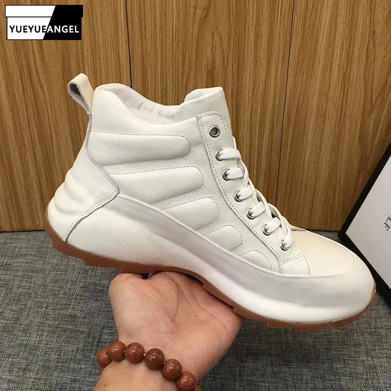 Boots Outdoor HighTop Sneakers Men Round Toe Genuine Leather Platform White Shoes Height Increasing Casual Work Ankle 3844 231212