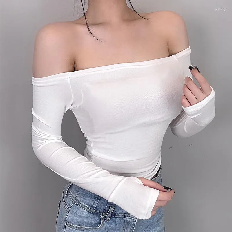 Camisetas femininas Real S Coreia do Sul Dongdaemun Off-the-Shoulder Off-Neck Slim-Fit Sexy All-Matching Curto Manga Longa T-shirt Top para Mulheres