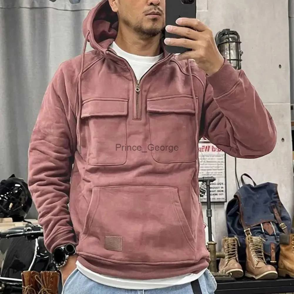 Survêtements pour hommes Sweat à capuche décontracté Sweat à capuche ample pour hommes avec cordon de serrage Grande poche plaquée Demi-fermeture à glissière Automne/hiver Pull TopL2402