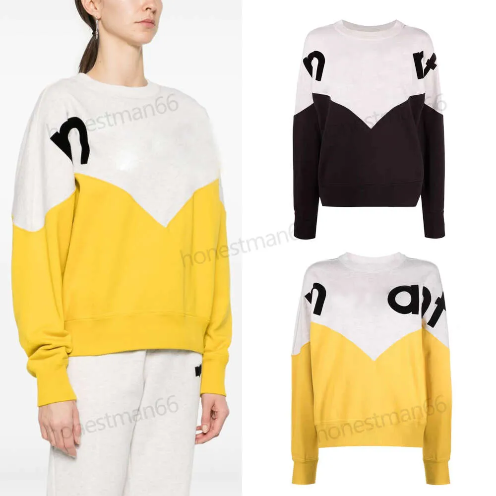 Isabel Marant Sweater 24SS Kleurblok Letter Geel Los Pullover Sweatshirt Nieuwe Mode Nieuwe Dames Designer Katoen Sportshirt Lange mouwen Hoodies