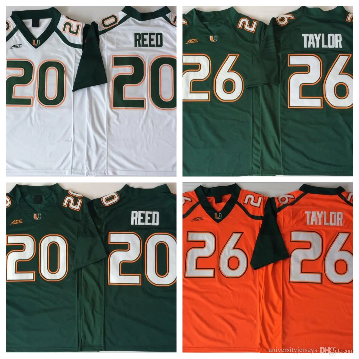 College 20 REED 26 TAYLOR Miami Hurricanes Fußballtrikot genäht WEISS GRÜN ORANGE HERRENJERSYES