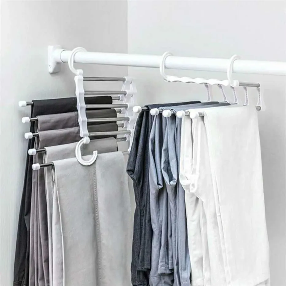 Portable Clothes Hanger Multifunktionella byxor Rack rostfritt stålbyxor Holderkläder Organiserförvaring Rod White269e