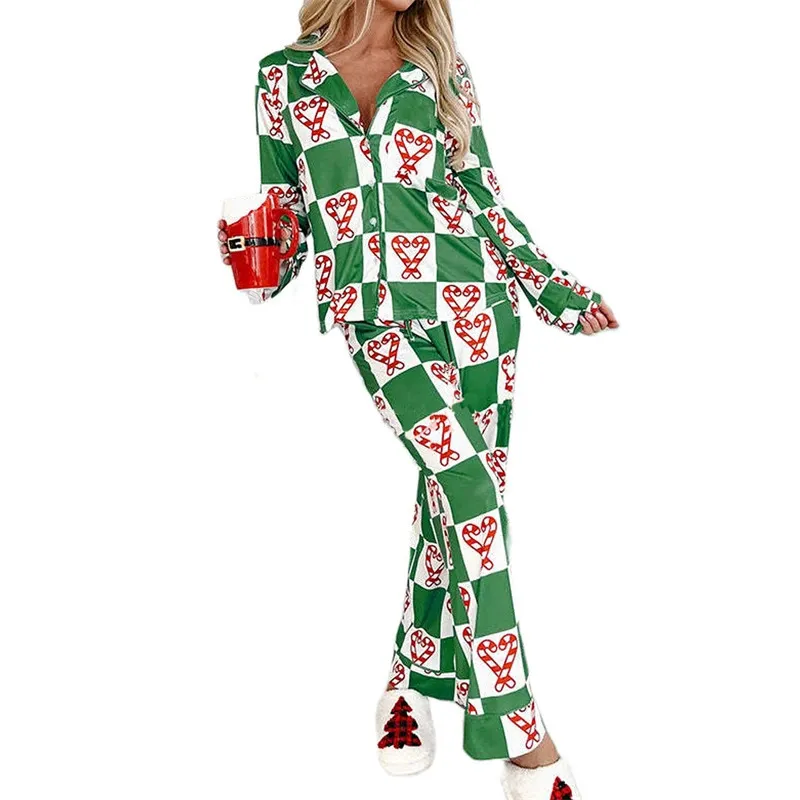 Kvinnor S Sleepwear Christmas Pyjamas Set för kvinnor Nattkläder Checkerboard Candy Cane Print Single Breasted Long Sleeve Tops and Pants Loungewear 231213