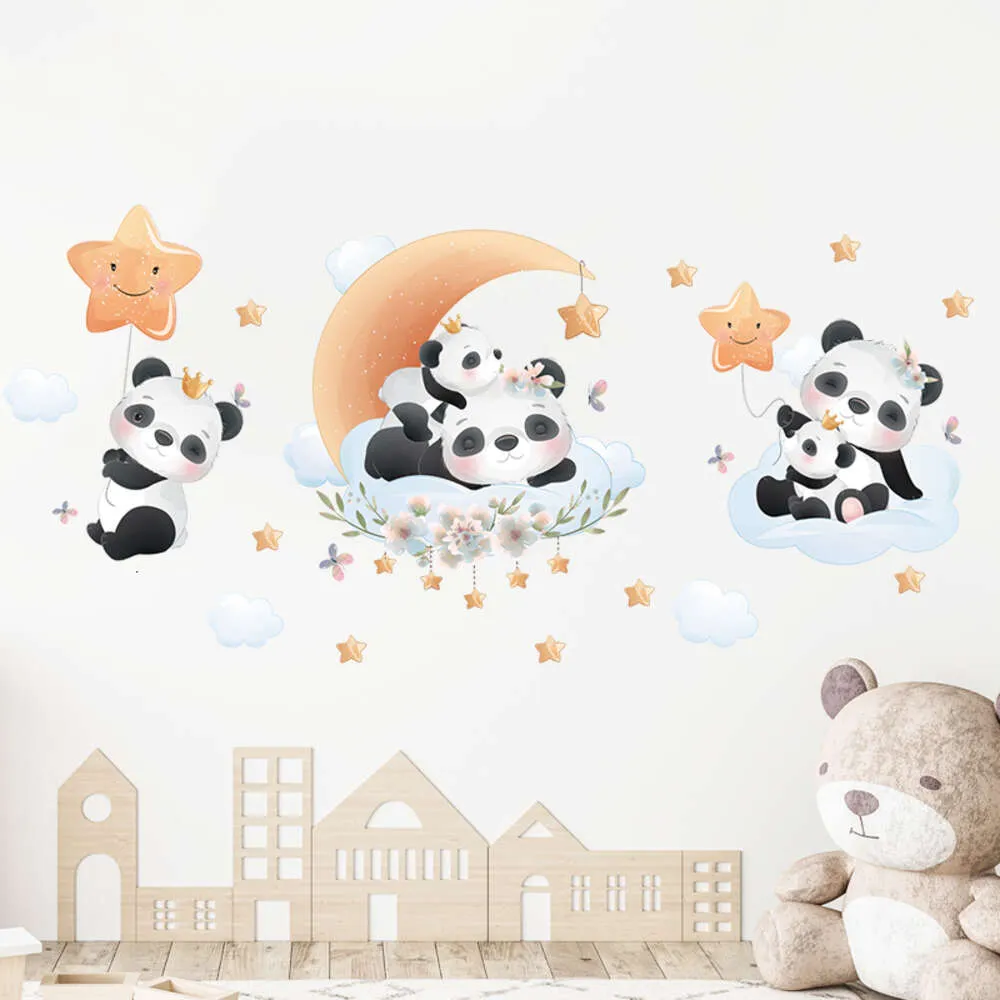 Dessin animé mignon Panda sur la lune nuages étoiles Stickers muraux pour chambre d'enfants bébé pépinière Stickers muraux chambre salon décor à la maison