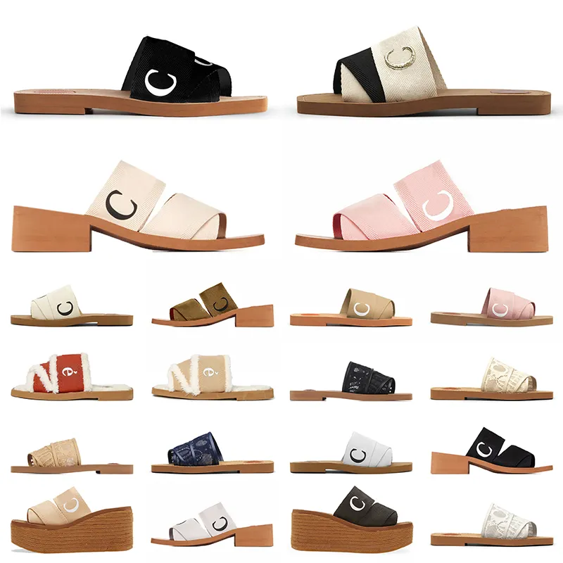 Chinelos Sandálias Mulheres Famosas Mulas Flat Woody Slides Preto Branco Rosa Bege Lace Canvas Sliders Verão Praia Sapatos Cholees House Coach Sandels