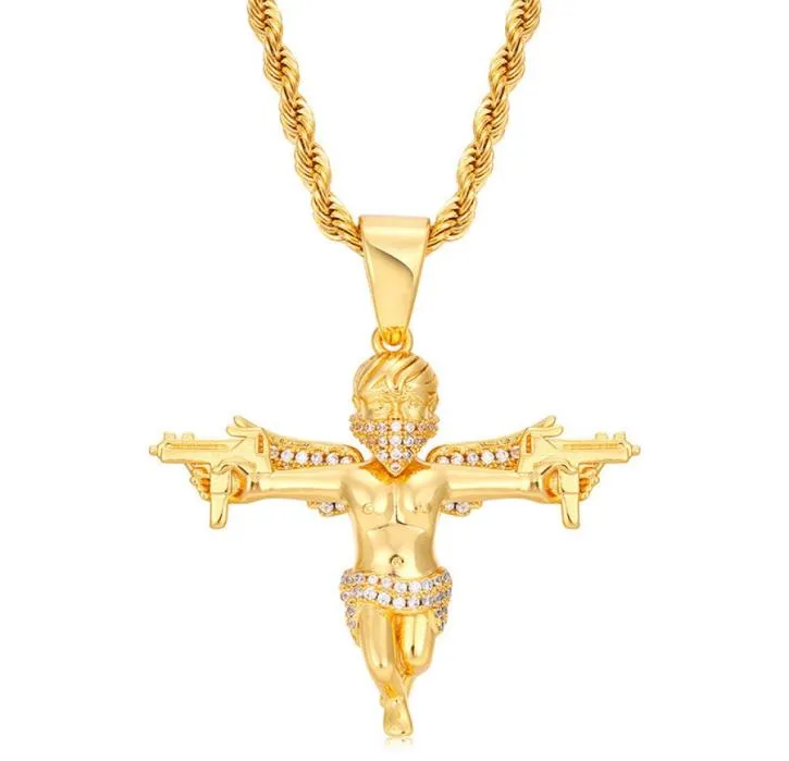 Persönlichkeit Street Rapper Schmuck Gold Silber Farben CZ Gun Angle Anhänger Halskette mit 24 Zoll Seilkette Schönes Geschenk2476129
