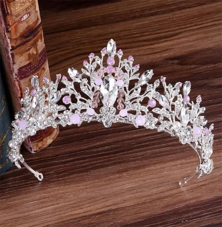 KMVEXO European New Handmade Cute Pink Crystal Beads Crown Bride Hair Jewelry Wedding Tiaras Diadem Headdress Headpieces Y2004092712257