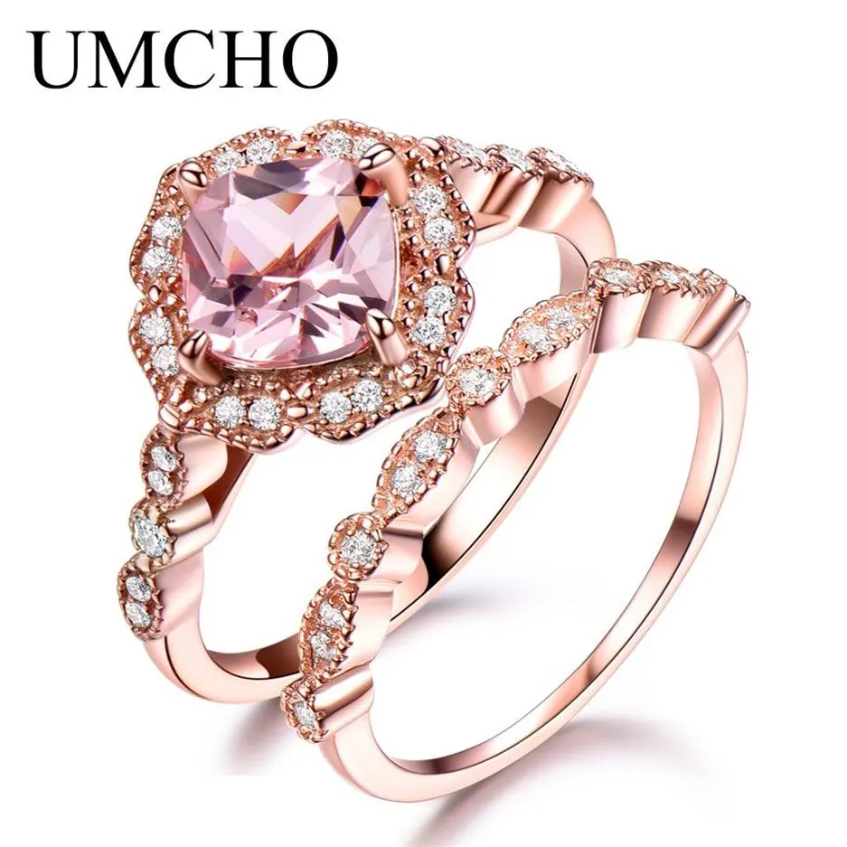 UMCHO 925 Anello in argento sterling Set femminile Morganite Fidanzamento Fede nuziale Anelli impilabili vintage da sposa per le donne Gioielleria raffinata C249h