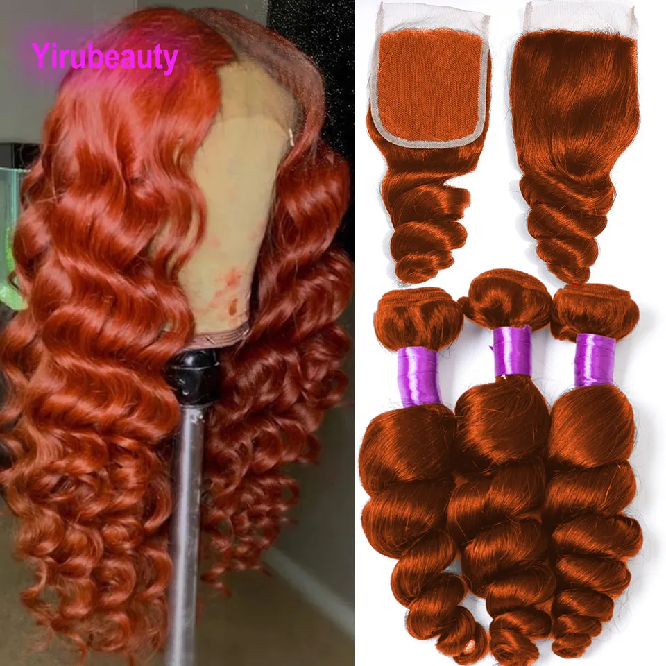 350 # Couleur Vague Lâche Brésilienne Péruvienne Indien Vierge Cheveux Humains 3 Faisceaux Avec 4X4 Fermeture À Lacets 4 Pcs/lot Couleur Orange