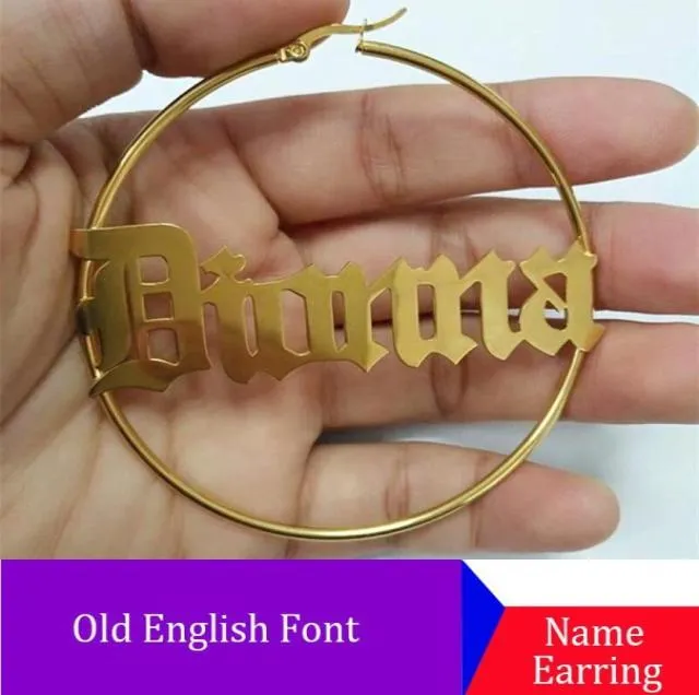 Benutzerdefinierte alte englische Namensohrringe aus Edelstahl, personalisierter Creolen-Damenschmuck, groß, Huggie3489065