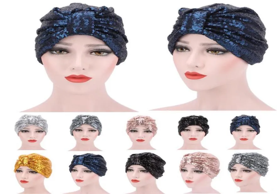 Women039s Cappelli turbante musulmano elasticizzato nero bordeaux blu scuro tinta unita morbido modale indiano paillettes berretto per le donne pizzo5498978