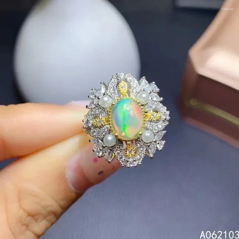 Klusterringar kjjeaxcmy fina smycken 925 sterling silver inlagd naturlig opal kvinnors utsökta lyxiga pärl justerbar ädelring stöd