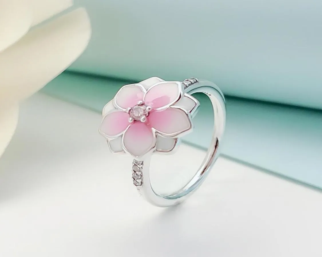 Pink Magnolia Bloom Rings Women Authentic 925 Silver Wedding Gift Jewelry Set For p CZ diamond Flowers engagement Ring with 6179923