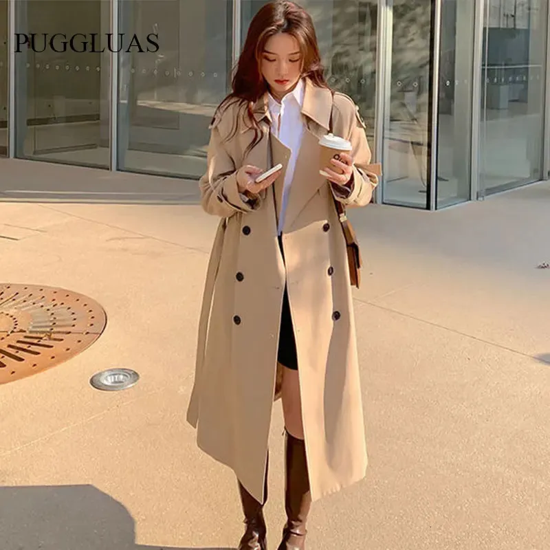 Kvinnors trenchrockar Autumn Woman Long Trench Coat Fashion Korean Streetwear Loose Cloak Casual Elegant Khaki Black Women's Windbreaker Coat 231213