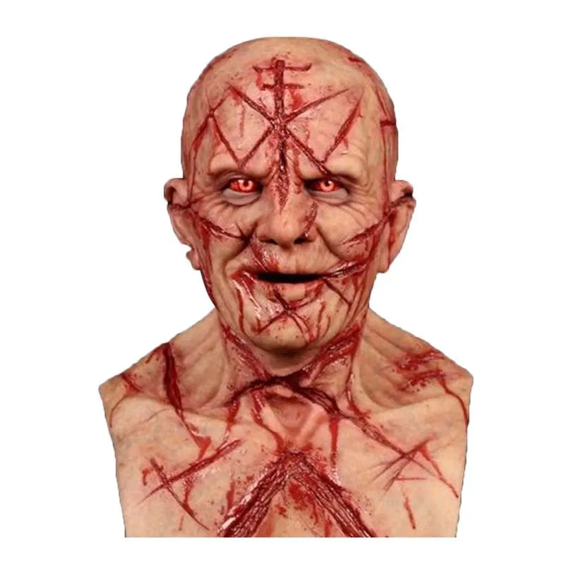 Scary Bald Blood Scar Mask Horror Bloody Headgear 3d Realistic Human Face Headgear emulsion latex adults Mask breathable masque Q0320i