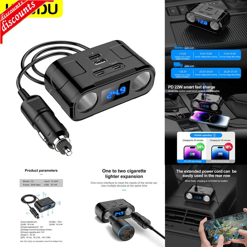 Yeni Araba Çakır Çıkar Araç Sigara Çar Soket Ayırt Cihaz LED PD QC3.0 USB Fast Charger 4port Socket 12V/24V Voltmetre Uzatma Kablosu