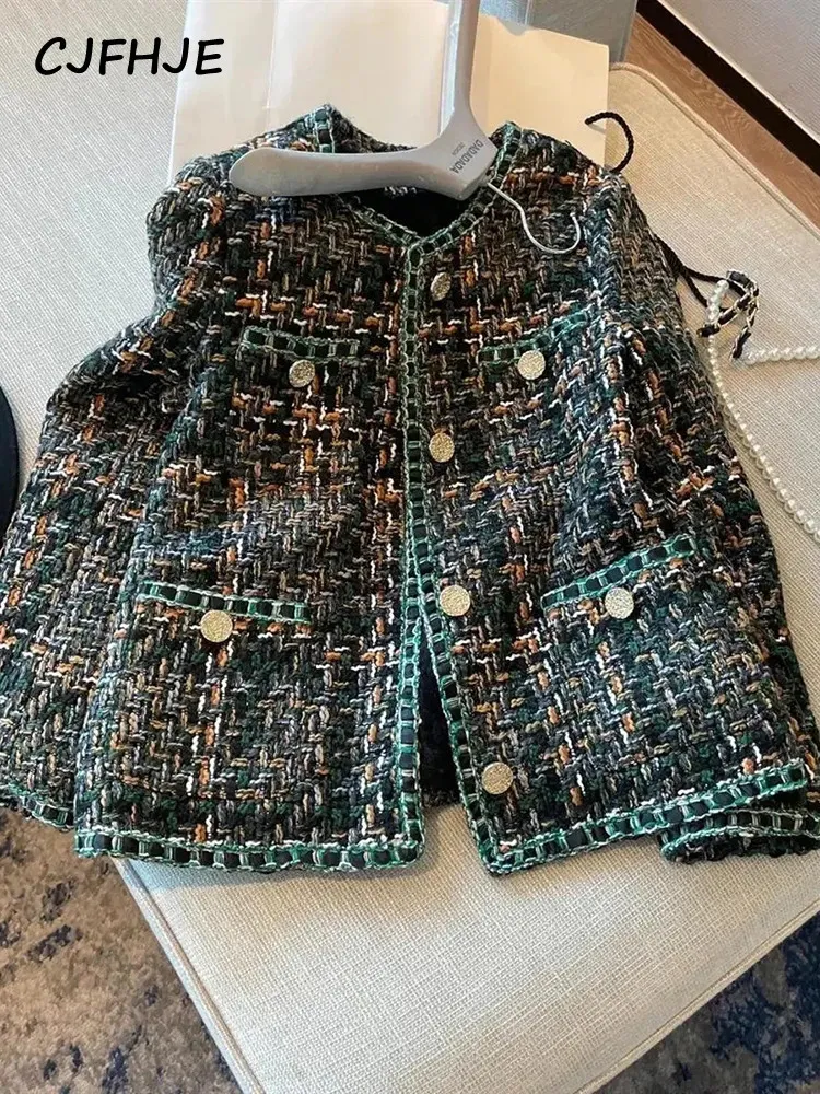 Kadın yün karışımları cjfhje tek köpüklü yeşil ekose kış yün ceketler kadın moda kadife kalın sıcak cepler vintage tweed katlar kadın 231212