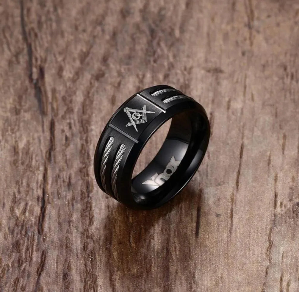 MasonicMan masculino anéis pretos de aço inoxidável cabo de fio duplo anel embutido para homens casamento banda laser maçônico vintage joias 2518239