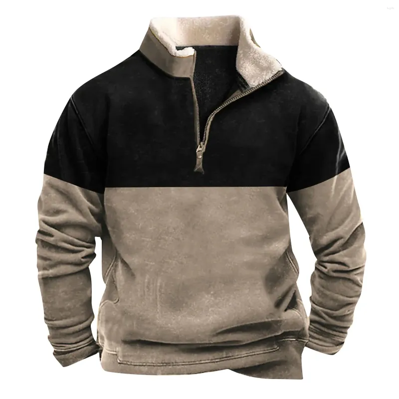 Erkek Hoodies Moda Sweatshirt Yarım Zip Peluş Peluş Sıcak Sporlar Top Vintage Kontrast Renk Patchwork Uzun Kollu Günlük Çok Yönlü Erkekler