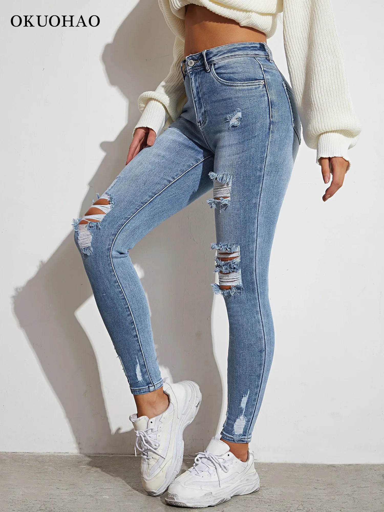 Women's Jumpsuits Rompers Light Blue Sexy Skinny Women Jeans Stretch Butt Lift Ripped Hole Denim Pants Lady Clothes Girls Tight Trousers Y2K Streetwear 231213