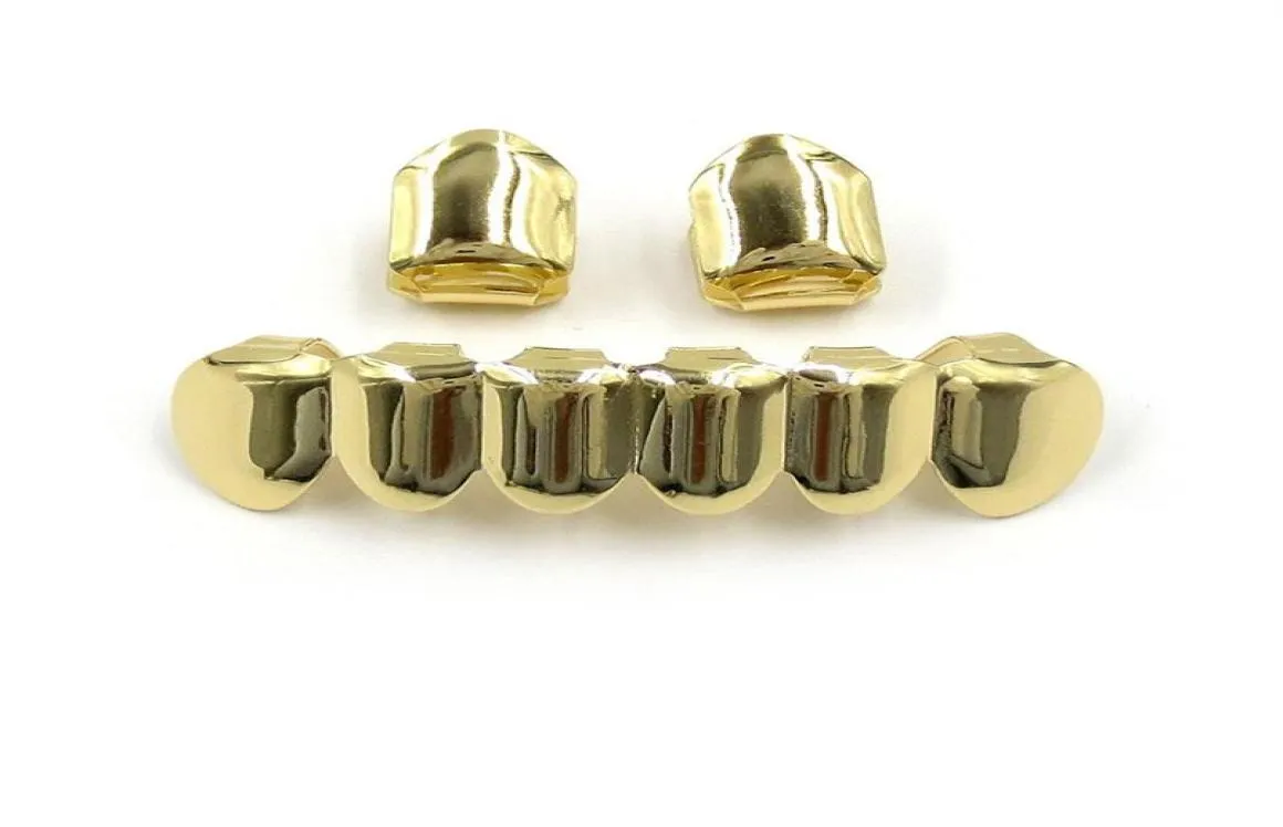 Set di griglie per bocca placcate oro Hip Hop 2 pezzi Set di griglie inferiori a 6 denti singoli superiori intero286h9923465