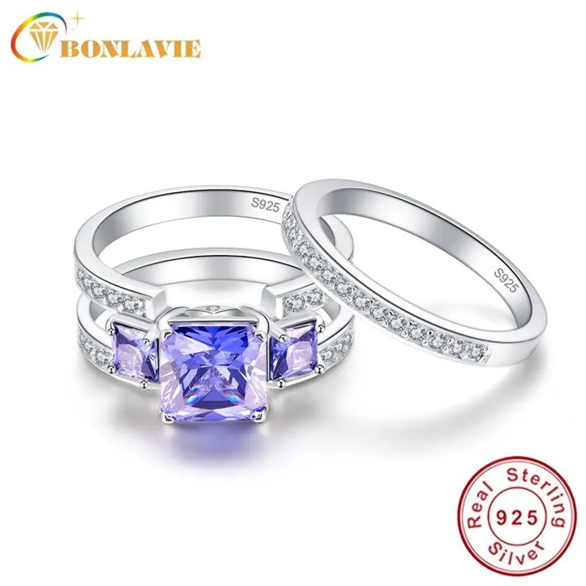 BONLAVIE 4Ct Created Tanzanite 925 Sterling Silver Engagement Rings 2Pcs Wedding Band Rings Set Women Bijoux Fine Jewelry239I