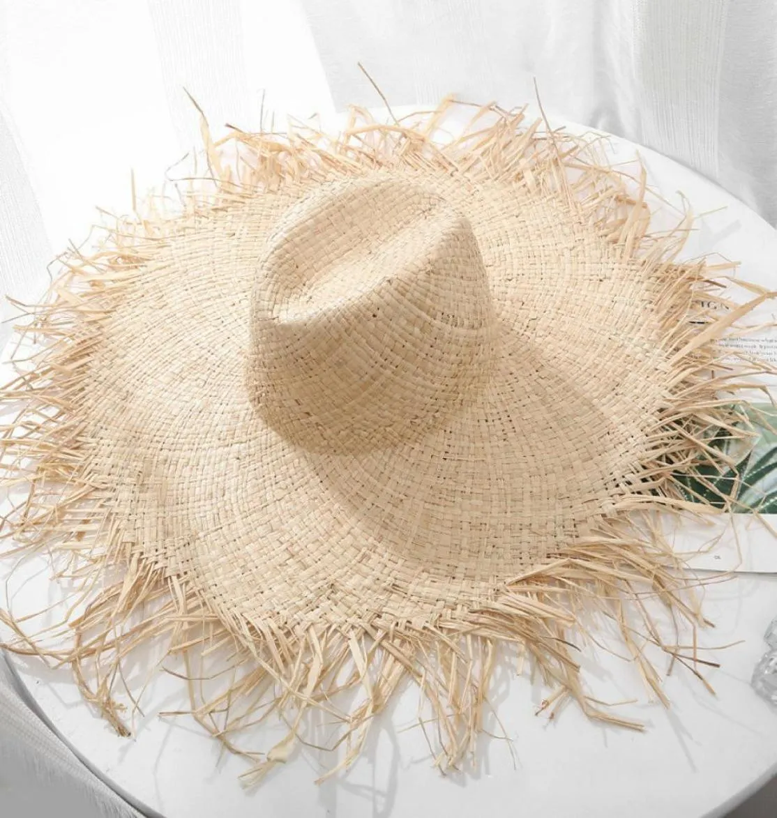 Naturel grand Large bord disquette chapeau raphia jazz chapeau de paille femmes été frange casquette de plage tissage à la main chapeau de soleil entier Y2006195042474