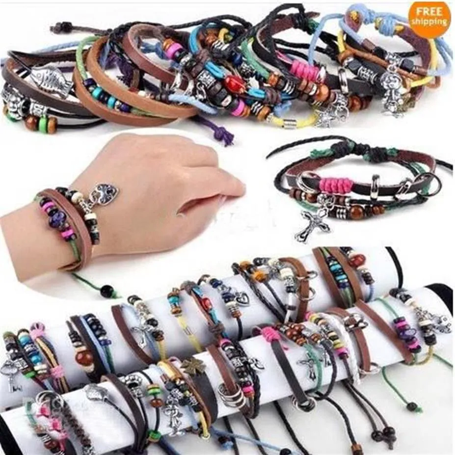 Mix order Multi stijlen 50 stks Mannen Vrouwen Gevlochten Lederen Koord Kraal Kruis Hart Armband Polsbandje Hennep Surfer271O