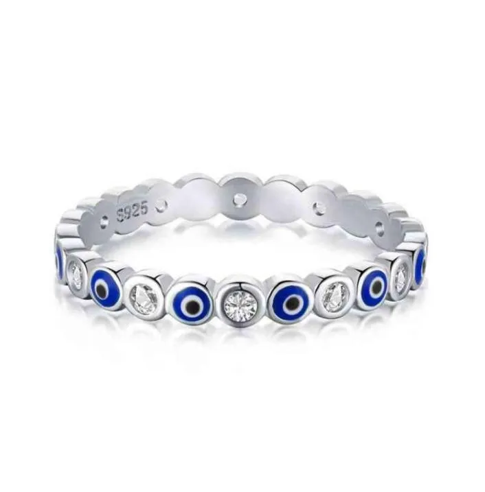 Oryginalny 925 Sterling Silver Evil Eye Pierścień urok Blue Wedding Eternity Pierścienie dla kobiet Lucky Turkey Biżuter