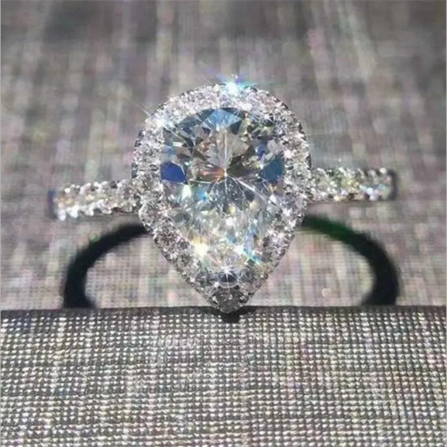 Anillo de dedo con piedra preciosa en forma de gota de agua y zafiro blanco en forma de pera eterna y delicada para mujer Joya de boda clásica con relleno de oro blanco de 10 kt268Y