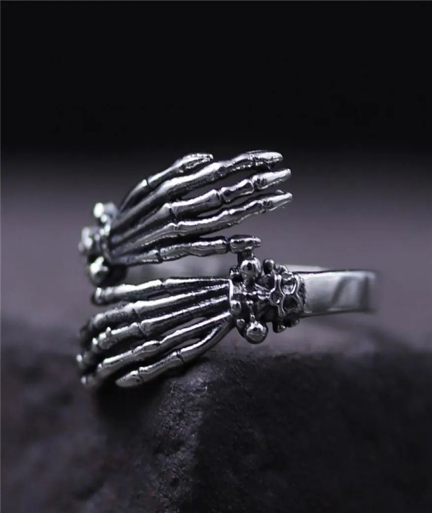 925 sterling silver ring Creative skull bone finger ring ghost claw hand tidal mens and womens rings retro skull hip hop jewelry c6994152