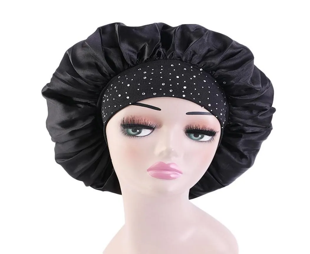 Nouveau grand Satin élasticité confortable à larges bords soyeux strass cheveux chapeau de couchage bonnets Cap soin Bonnet bonnets de nuit pour Wome6554298