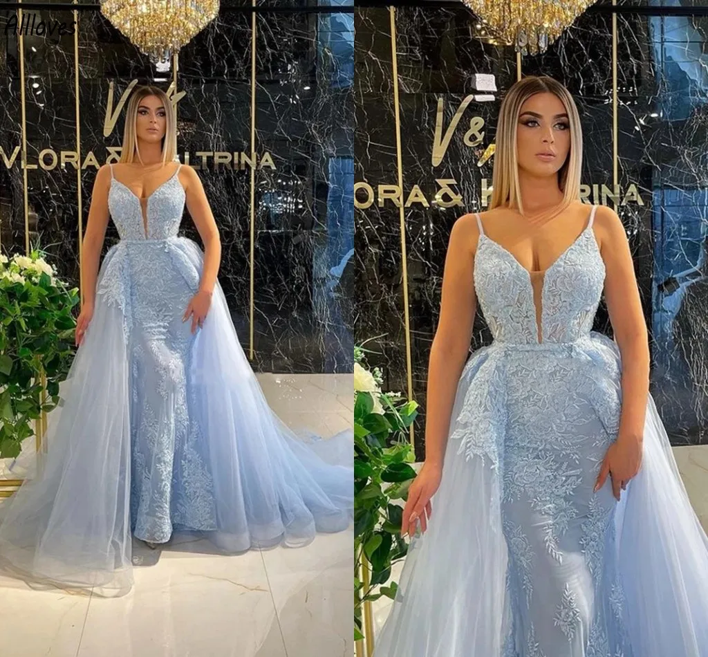 Dubai Arabic Light Sky Blue Prom -klänningar med avtagbart tåg Sexiga spaghettiremmar broderier Lace Formal Eccase Party klänningar Lång sjöjungfru aftonklänning CL3047